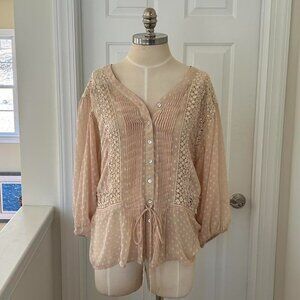 DANIEL RAINN cream long sleeve blouse with tie, lace, and polka dot accents